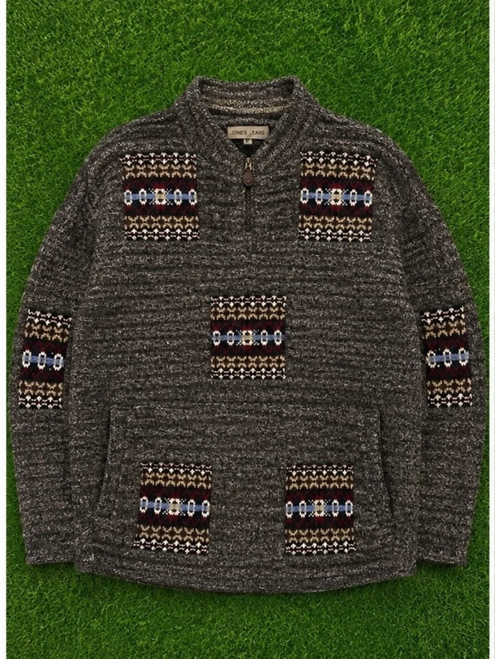 Men's Charcoal Half-Zip Knit Sweater with Patterned Accents